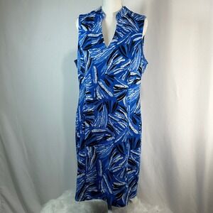 Cappagallo Blue White‎ Abstract Leaf Print Sleeveless V-Neck Midi Dress Size 14
